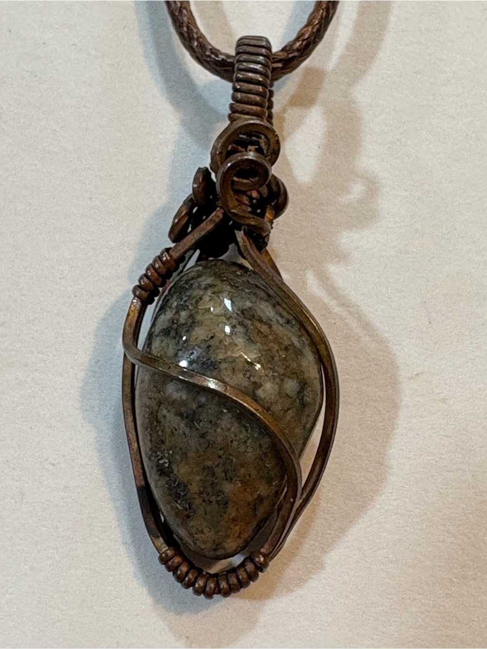 Handcrafted Copper Wire Wrapped Polished Granite Stone Pendant Necklace Boho